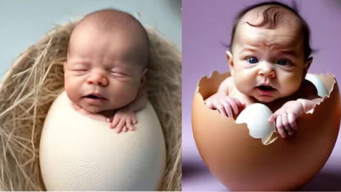 What would happen if human babies started hatching from eggs? AI made the picture…..